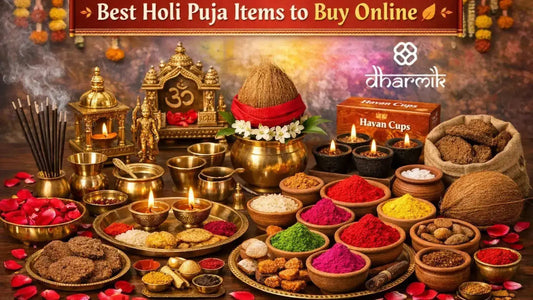 Holi puja items including havan cups, ghee diya, mandir essentials, and organic gulaal for Holi festival
