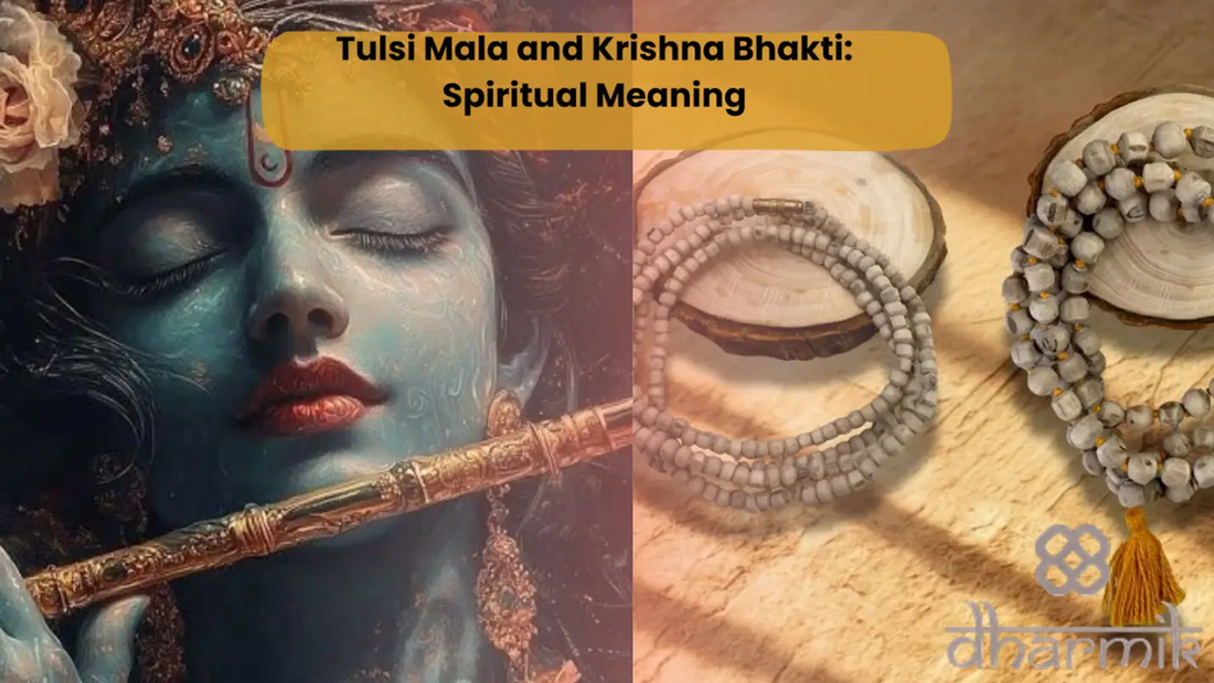 Tulsi mala placed on a wooden surface alongside a serene depiction of Lord Krishna playing the flute, symbolizing Krishna bhakti and the spiritual significance of tulsi mala in Hindu devotion.