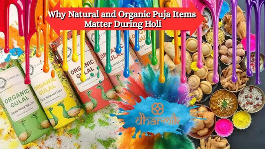 Organic puja items for Holi including herbal gulal, havan samagri, clay diyas, and flowers arranged for Holika Dahan ritual