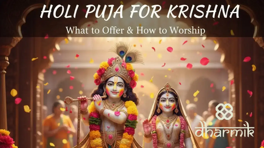 “Lord Krishna and Radha adorned with colorful flowers and Holi gulal inside a temple, celebrating Holi Puja with petals in the air and the text ‘Holi Puja for Krishna – What to Offer & How to Worship’, along with the Dharmik logo.”