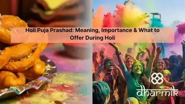 Holi puja prashad with traditional sweets offered during Holi rituals alongside devotees celebrating with colors, symbolizing devotion, joy, and spiritual blessings.