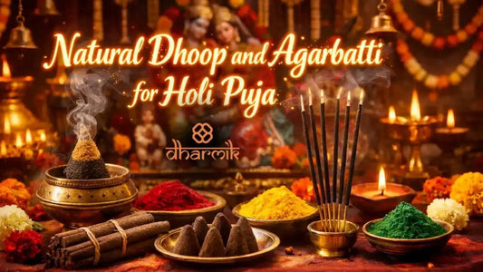 Natural dhoop and agarbatti arranged for Holi puja with incense sticks, dhoop cones, diyas, flowers, and colorful gulal in a traditional temple setting.