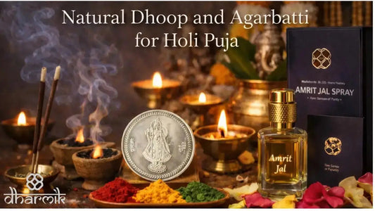 Natural dhoop and agarbatti with diyas, Holi colors, silver coin, and Amrit Jal spray arranged for Holi Puja.