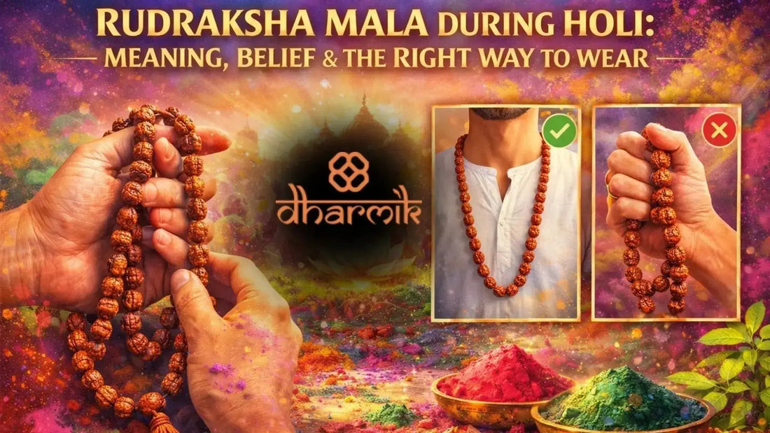 Rudraksha mala during Holi showing its meaning, belief, and right way to wear, with hands holding Rudraksha beads, correct vs incorrect wearing style, vibrant Holi colors, and a spiritual festive background.