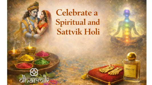 Spiritual Holi illustration with Radha Krishna, natural colors, meditation aura, and sacred devotional elements.