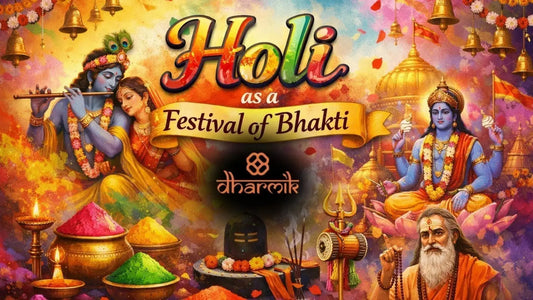 Colorful depiction of Holi as a festival of Bhakti featuring Radha Krishna playing Holi, Lord Shiva, a saint holding a Rudraksha mala, temple bells, gulal colors, and devotional elements symbolizing spiritual love and devotion.