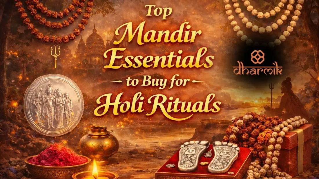 Top Mandir Essentials to Buy for Holi Rituals banner featuring Rudraksha and Tulsi malas, Radha Ram silver coin, Krishna Charan paduka, diya, gulal, temple backdrop, and sacred symbols on a devotional Holi-themed background.