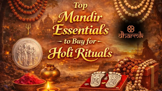Top Mandir Essentials to Buy for Holi Rituals banner featuring Rudraksha and Tulsi malas, Radha Ram silver coin, Krishna Charan paduka, diya, gulal, temple backdrop, and sacred symbols on a devotional Holi-themed background.