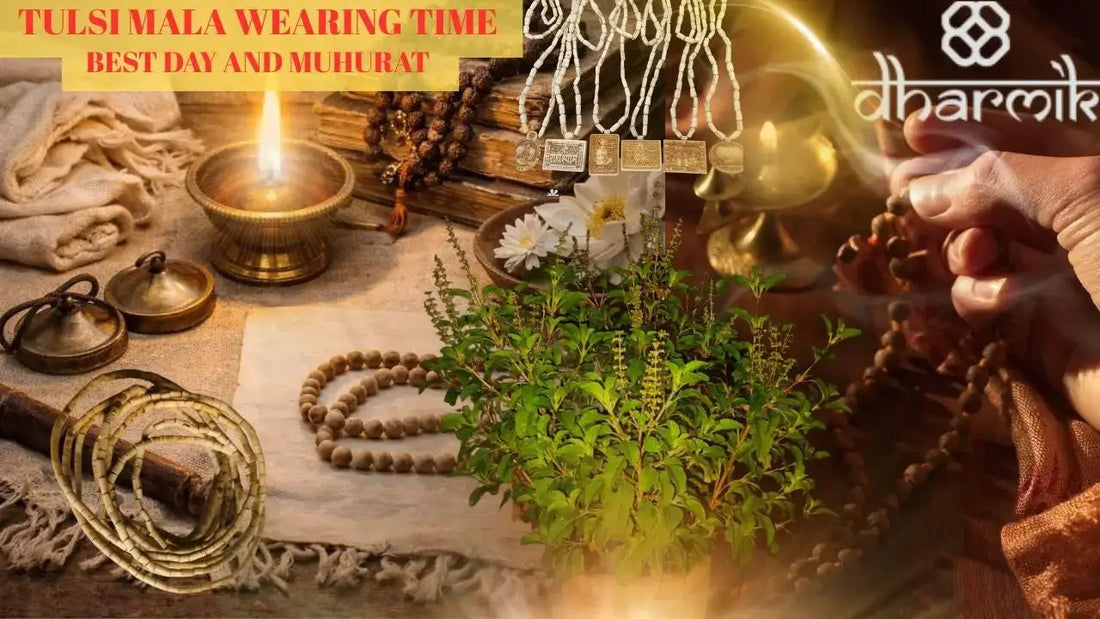 Tulsi mala worn for spiritual practice on an auspicious day and muhurat