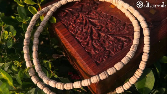 Tulsi mala placed on wooden plate