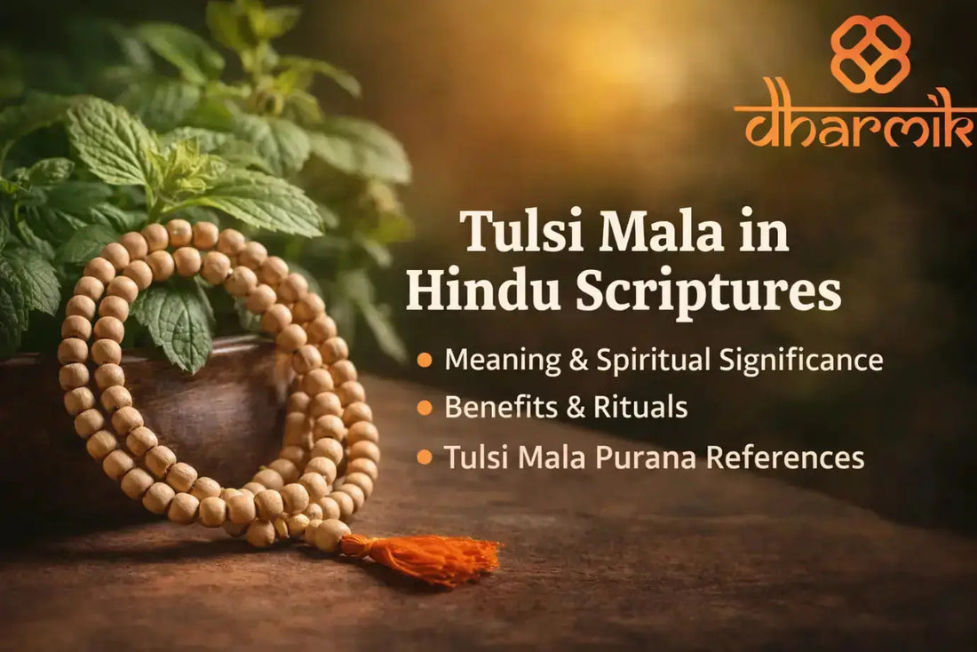 Tulsi mala beads placed beside a sacred Tulsi plant, representing the spiritual significance of Tulsi Mala in Hindu scriptures, highlighting its meaning, benefits, rituals, and Purana references, with Dharmik branding in the background.