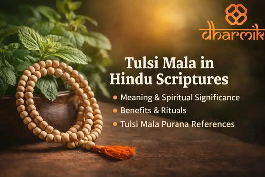 Tulsi mala beads placed beside a sacred Tulsi plant, representing the spiritual significance of Tulsi Mala in Hindu scriptures, highlighting its meaning, benefits, rituals, and Purana references, with Dharmik branding in the background.