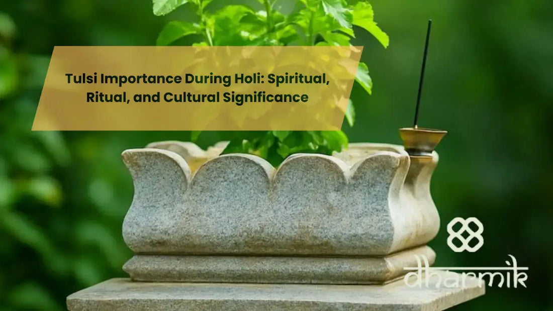 Stone Tulsi planter with a healthy green Tulsi plant placed outdoors, accompanied by an incense holder, symbolizing Tulsi importance during Holi with spiritual, ritual, and cultural significance, featuring a soft green background and Dharmik branding.