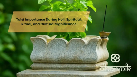 Stone Tulsi planter with a healthy green Tulsi plant placed outdoors, accompanied by an incense holder, symbolizing Tulsi importance during Holi with spiritual, ritual, and cultural significance, featuring a soft green background and Dharmik branding.