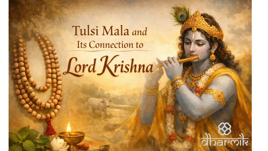 Illustration of Lord Krishna playing the flute alongside a sacred Tulsi mala, symbolizing devotion, purity, and the spiritual connection between Tulsi Mala and Krishna in Vaishnava tradition.
