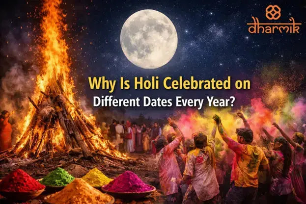 Holika Dahan bonfire under full moon with people celebrating Holi by throwing colorful powders at night