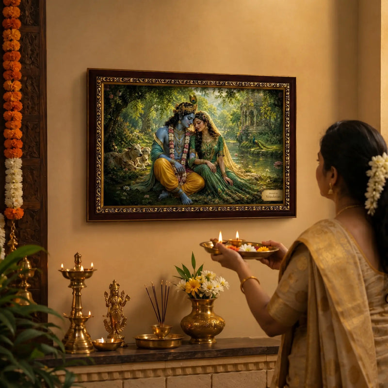 Devotee performing aarti before a Premium Radha Krishna photo frame featuring the divine couple in a serene Vrindavan garden. Ideal for home temples and spiritual décor. DharmikLife.