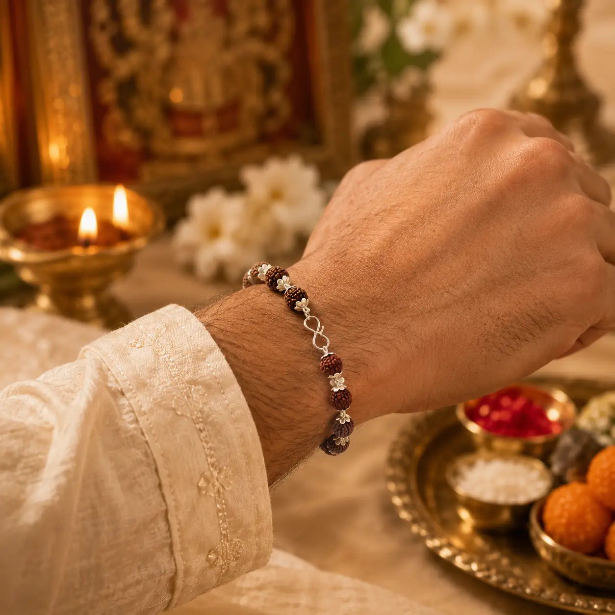 Silver Plated Panch Mukhi Rudraksha Rakhi Bracelet – 17 Beads (5 mm) | Blessed in Kashi