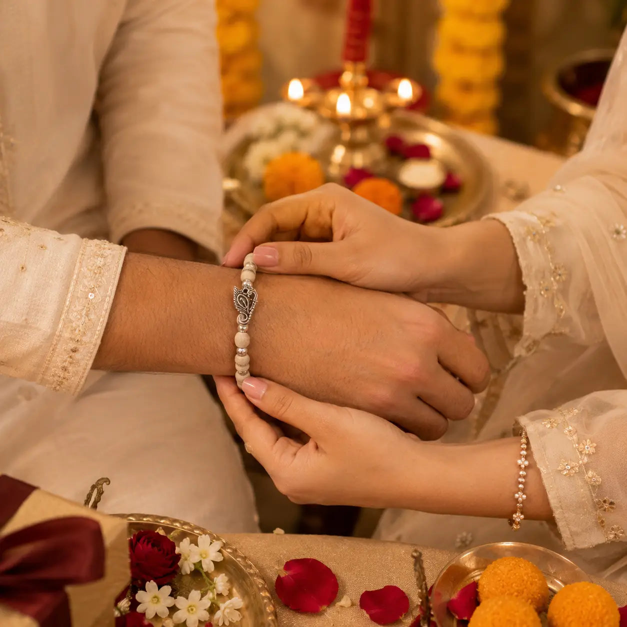 Original Tulsi Bead Rakhi Bracelet with Silver Plated Peacock Charm | Blessed in Vrindavan