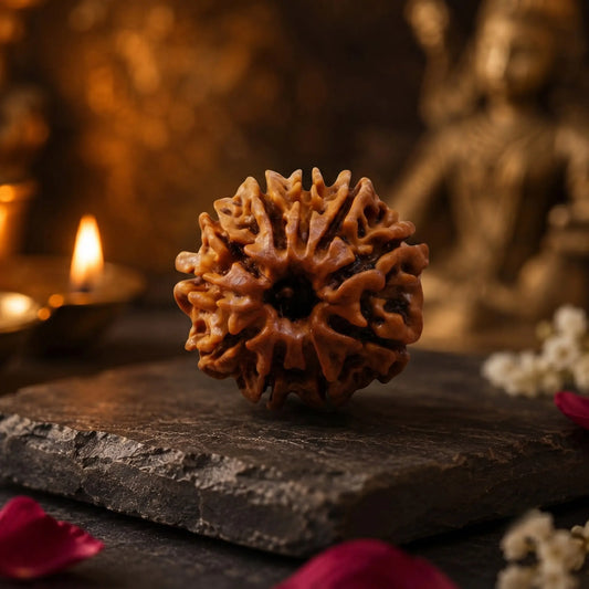 10 Mukhi Rudraksha bead with seven natural mukhis on a stone slab beside a lit diya