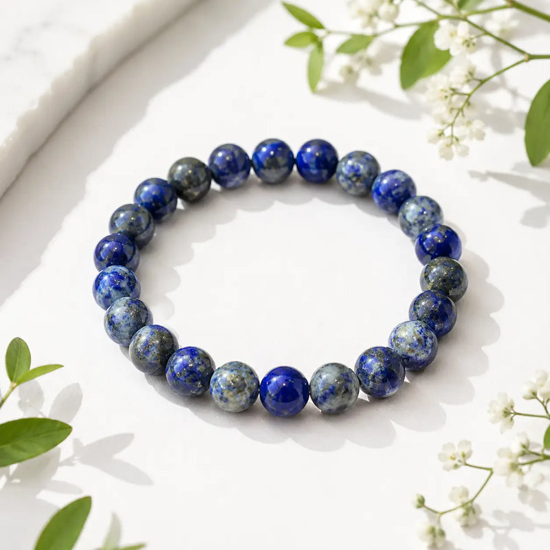 Lapis Lazuli bracelet on a white surface with green leaves and white flowers