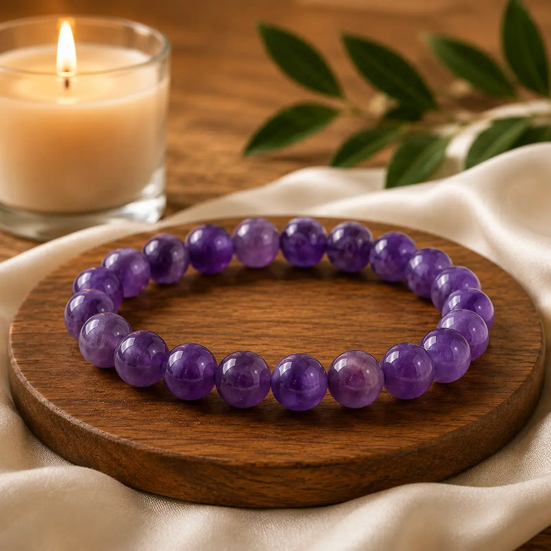 amethyst bracelet on a wooden coaster with a candle and leaves in the background