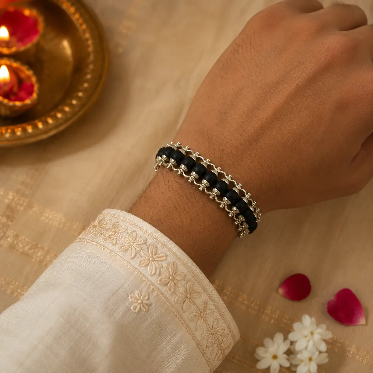 Premium Silver Plated Karungali Rakhi Bracelet - 24 Beads | Blessed in Sabarimala