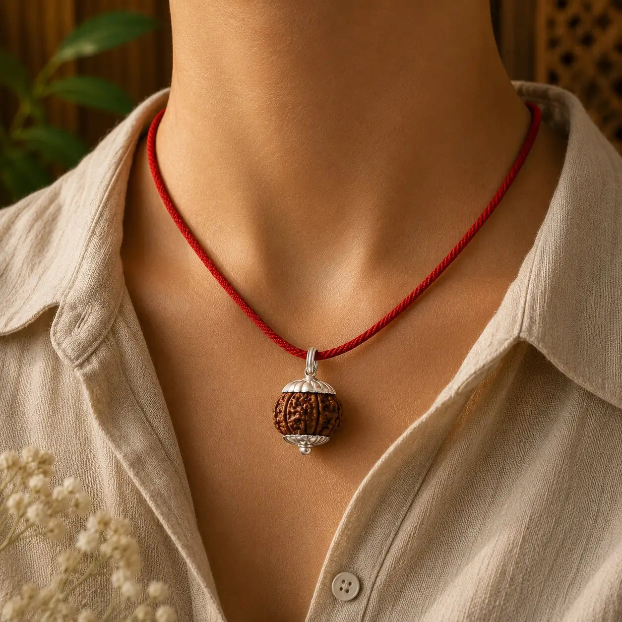 14 Mukhi rudraksh around a woman's neck