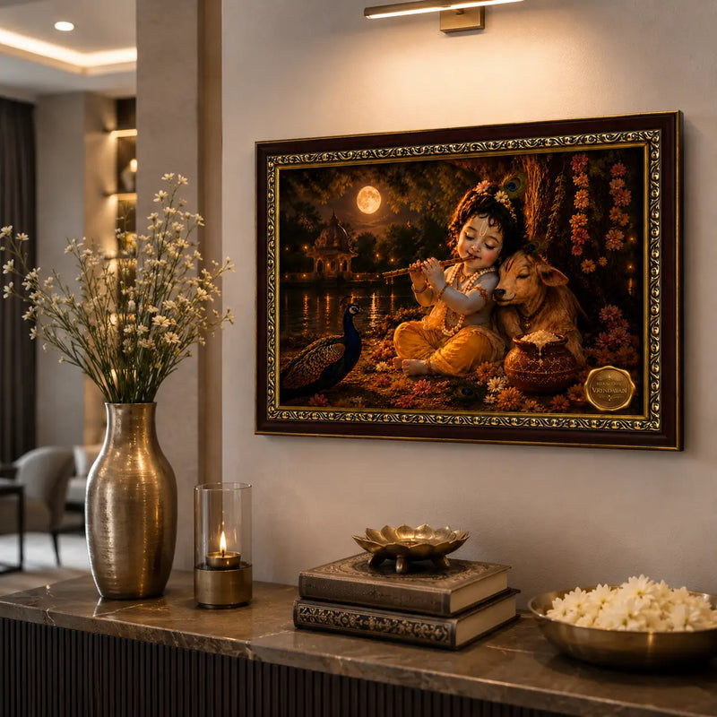 Baby krishna photo frame in a modern luxury set up.