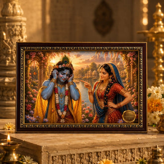 Framed artwork of Radha Krishna in traditional attire on a decorative table.