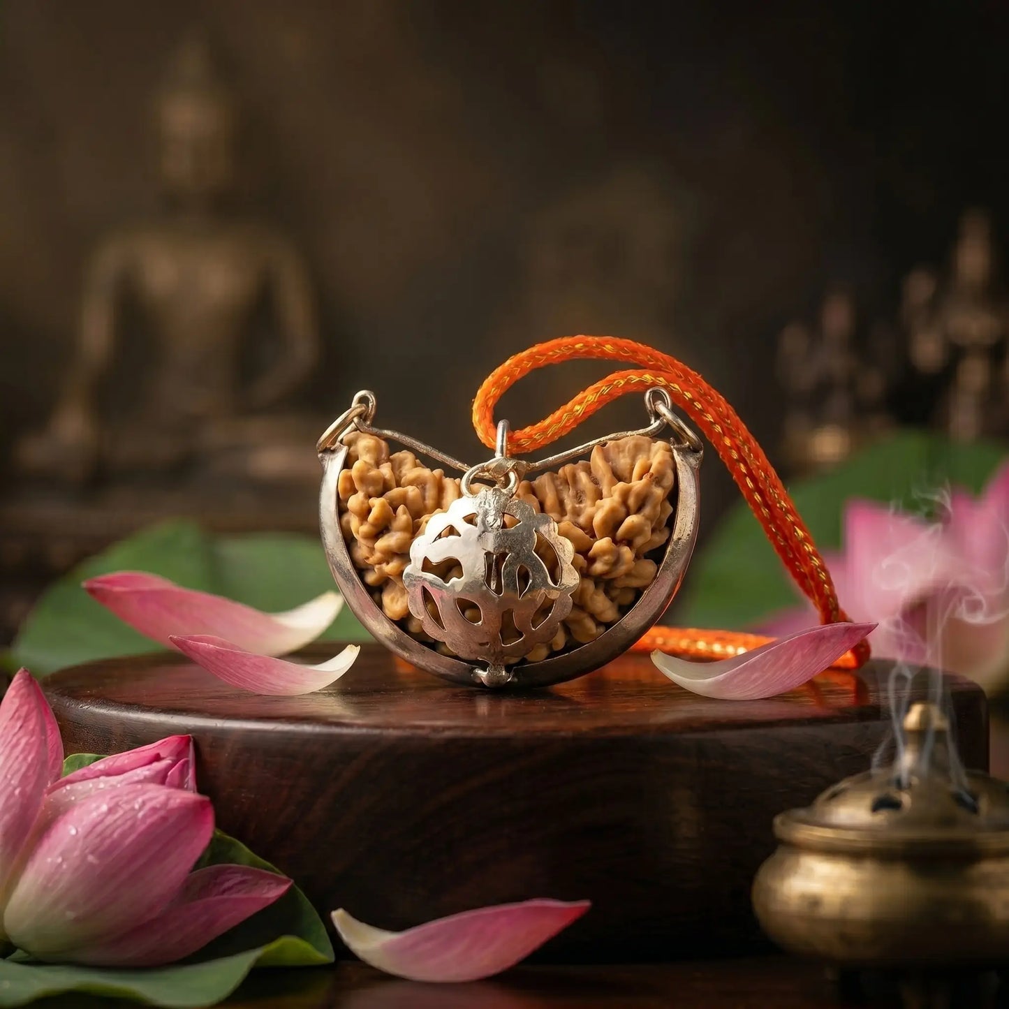 Original 1 Mukhi Rudraksha placed on a wooden plate near flower petals 