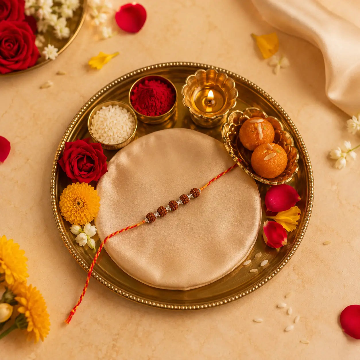 Original Silver Plated  Rudraksha Rakhi | Blessed in Kashi - 5 Beads