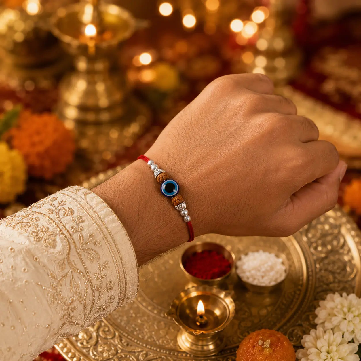 Original Silver Plated Rudraksha Evil Eye Rakhi | Blessed in Kashi