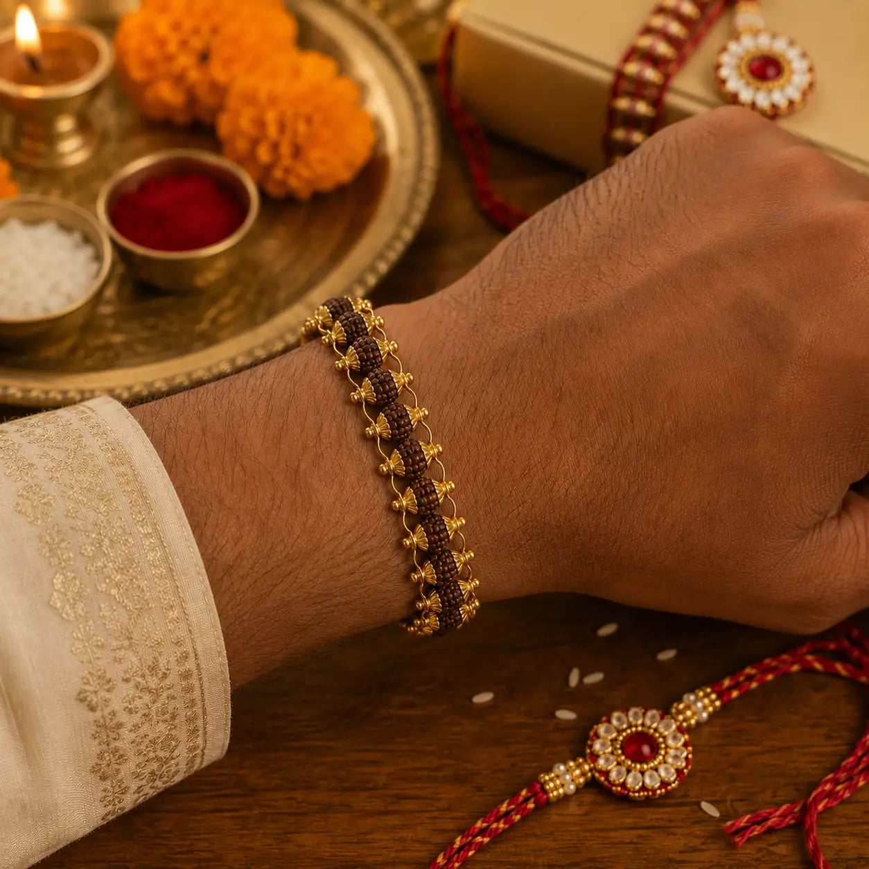 Premium Gold Plated Panch Mukhi Rudraksha Rakhi Bracelet – 24 Beads | Blessed in Kashi