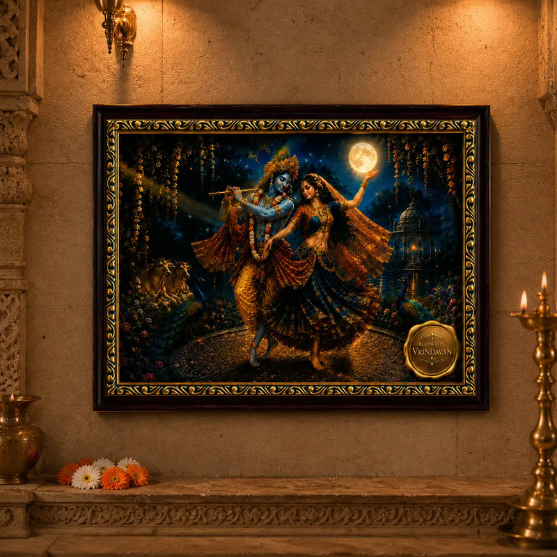 Framed artwork of two Radha Krishna dancing under a moonlit sky on a wall.