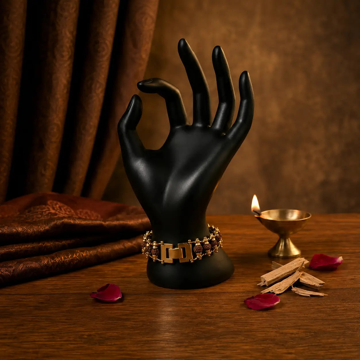 Gold plated Rudraksha bracelet on mannequin hand