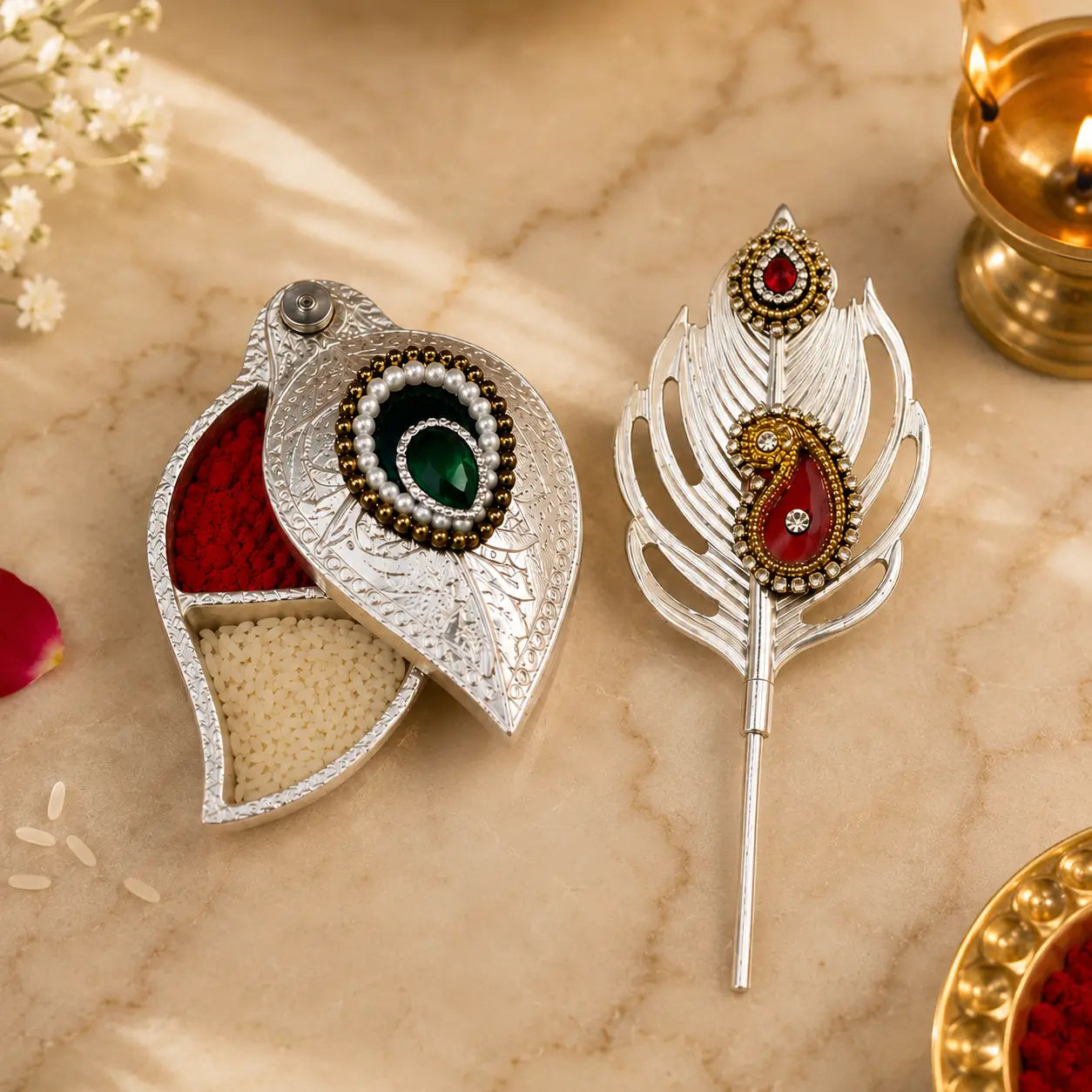 Premium Silver-Plated Tilak Set with Kumkum & Akshat Holder for Pooja Rituals