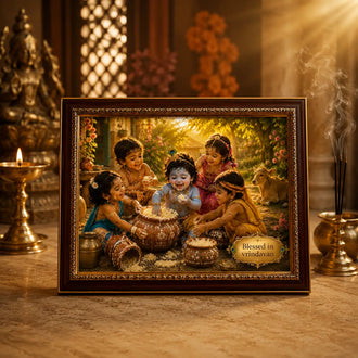 Decorative framed artwork of Bal krishna with friends in a traditional setting with decorative elements.