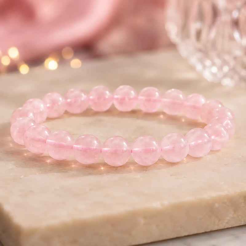Rose Quartz bracelet on a light stone surface with a soft pink background