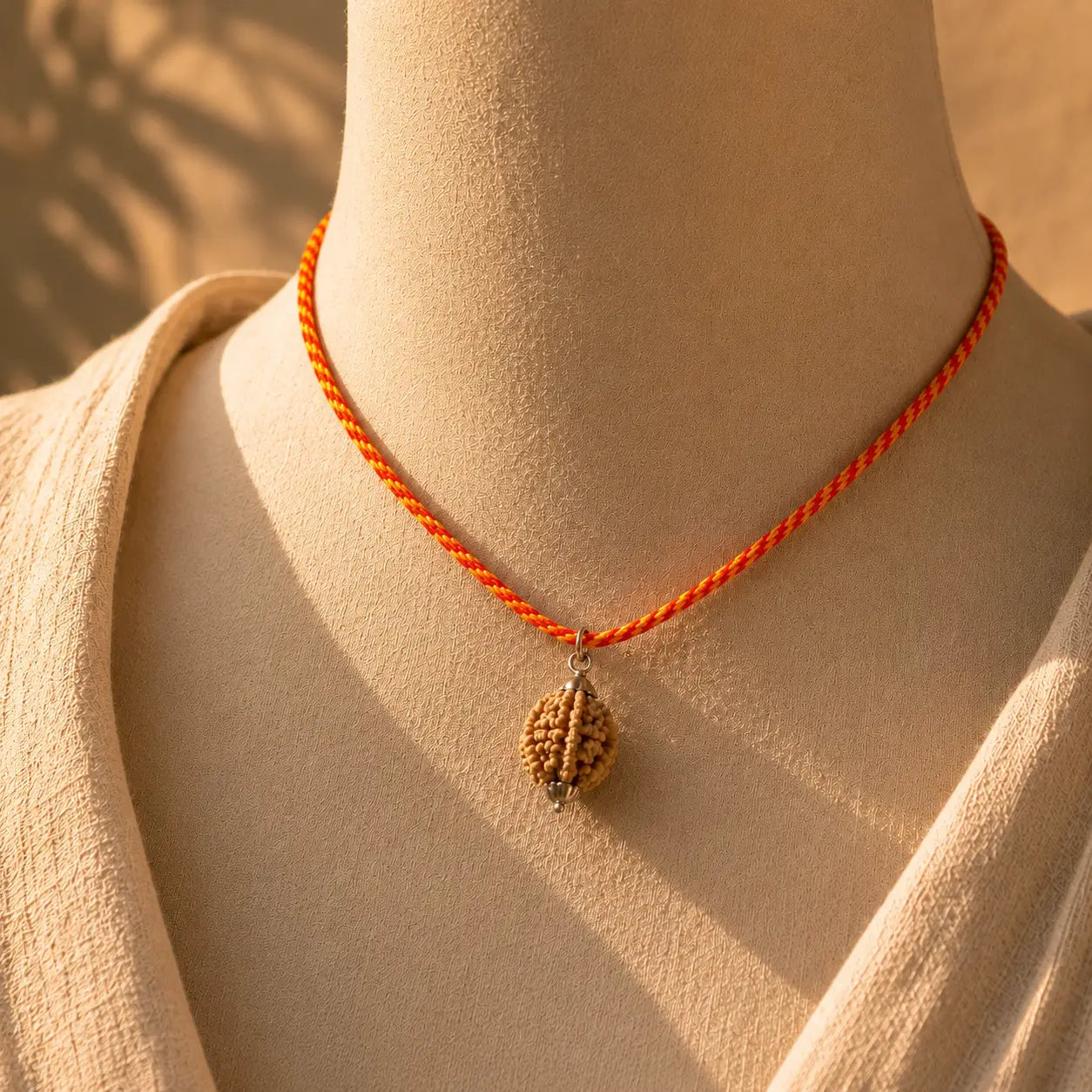Two Mukhi Rudraksha placed around a mannequin 