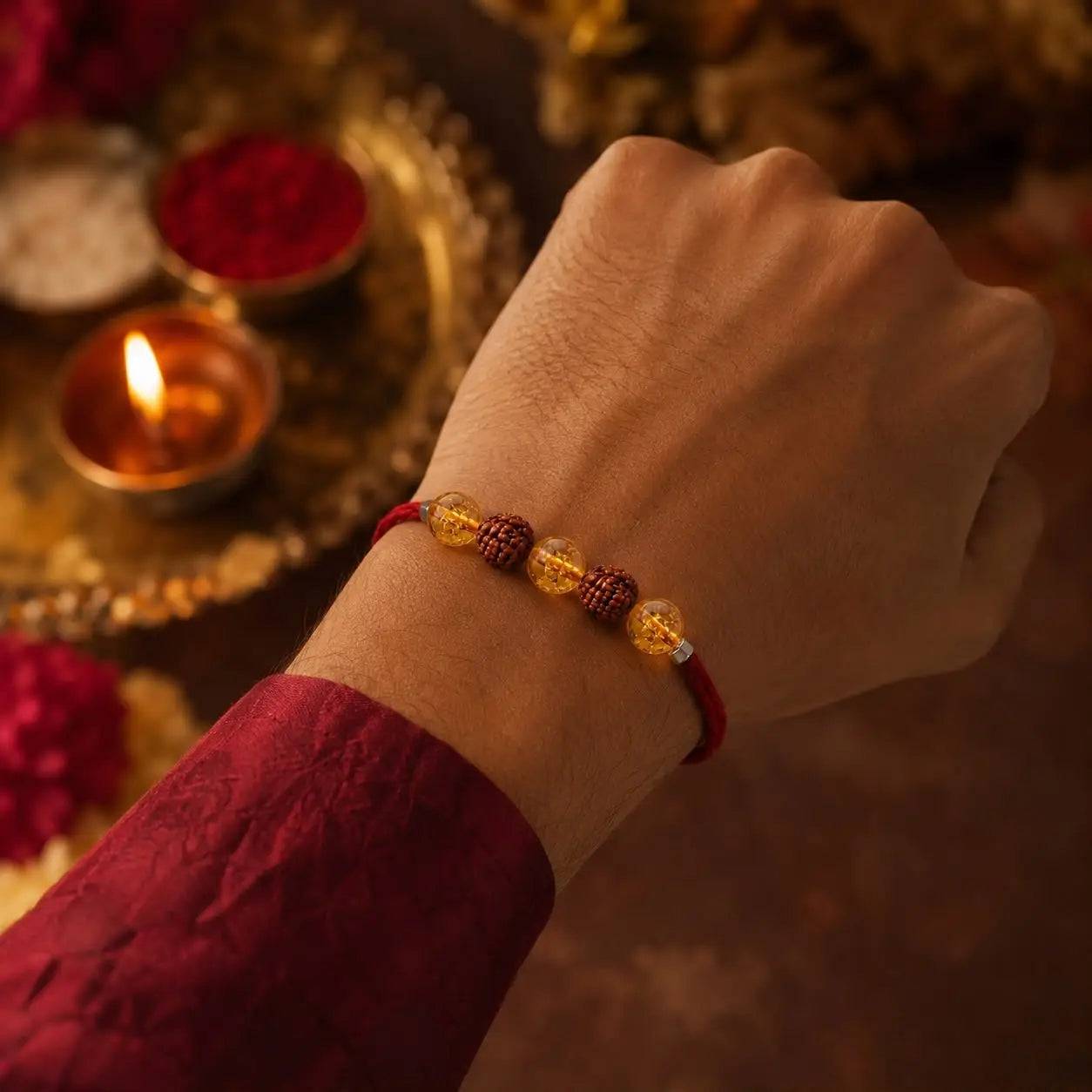 Handcrafted Rudraksha & Citrine Protection Rakhi | Blessed in Kashi