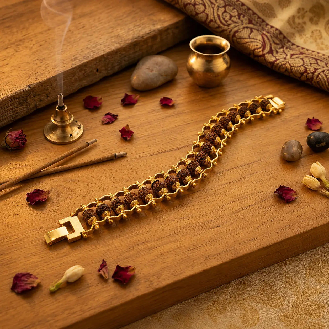 Gold plated Rudraksha bracelet on the wooden surface