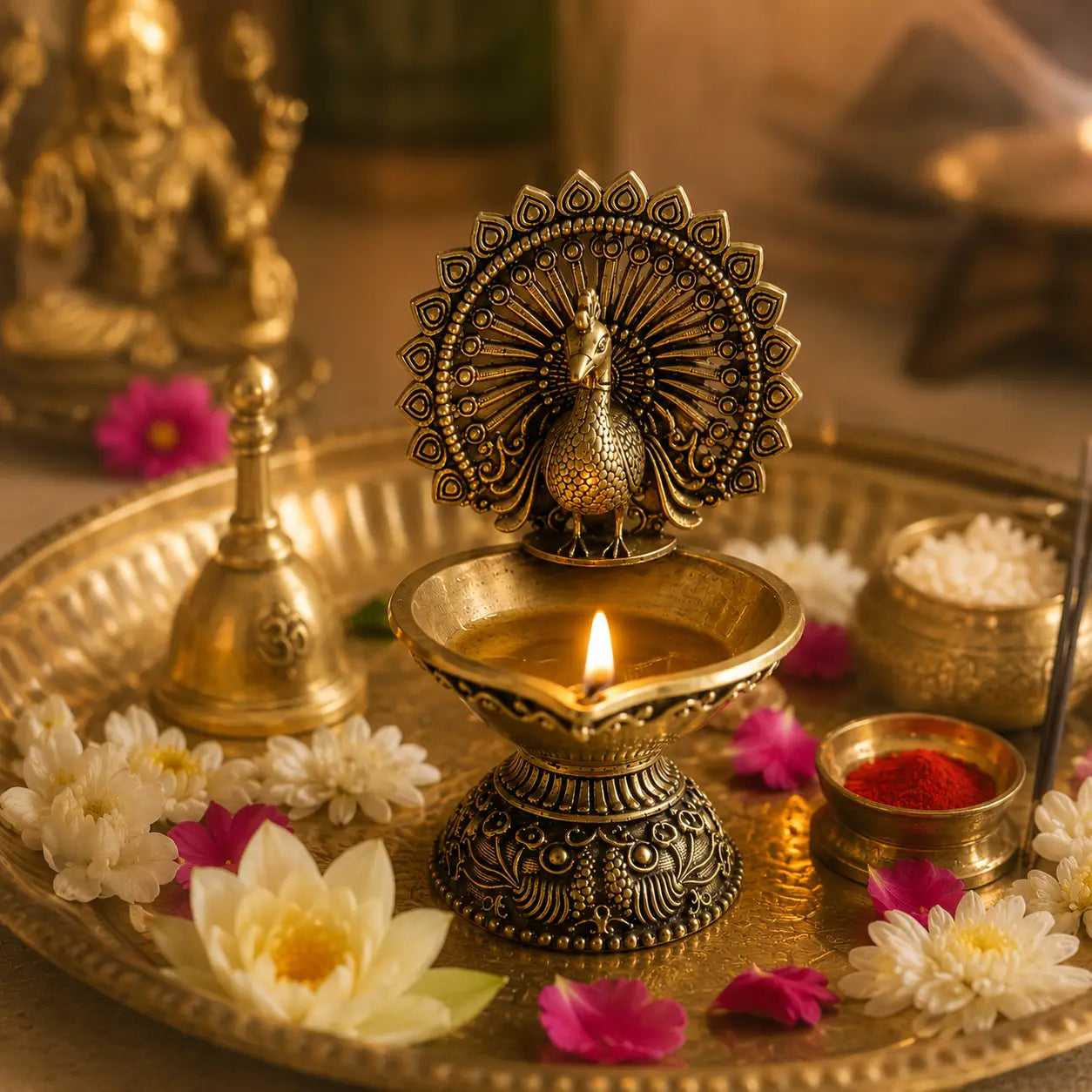 Premium Handcrafted Brass Peacock Spiritual Diya for Pooja & Home Decor