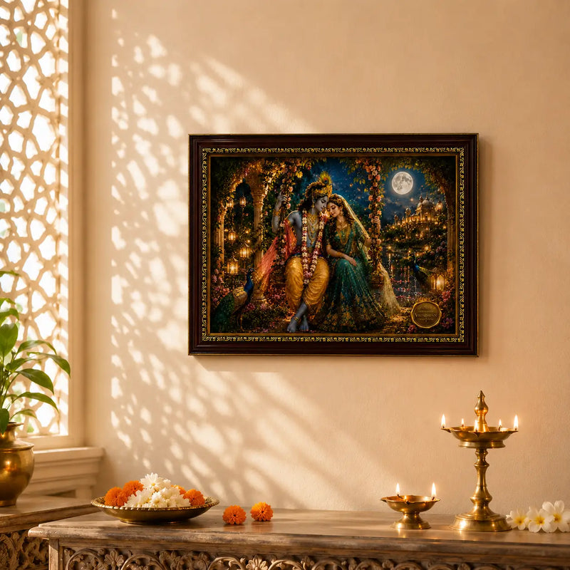 Framed artwork of Radha Krishna in a romantic scene on a wall with decorative elements below.