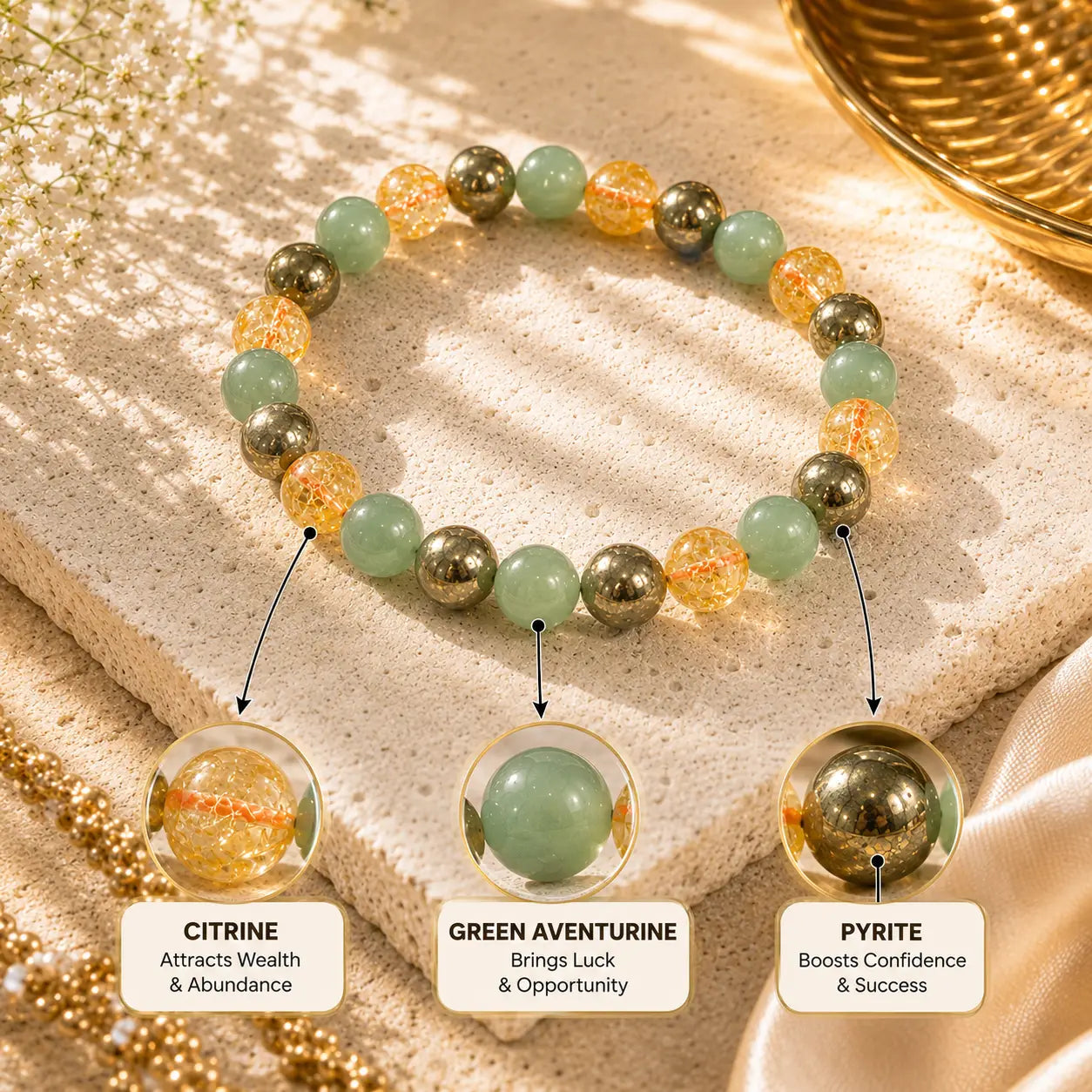  bracelet with citrine, green aventurine, and pyrite stones on a textured surface.