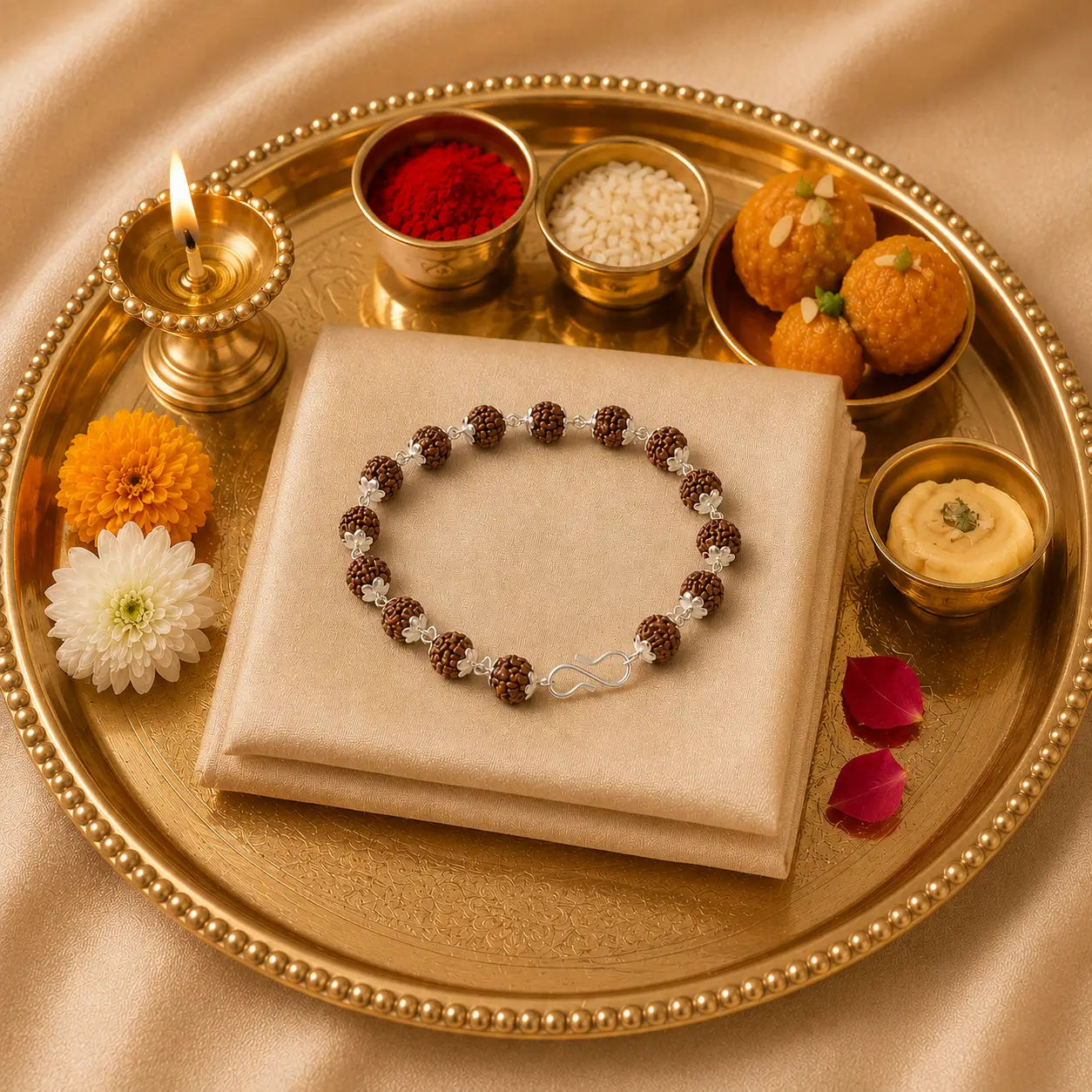 Silver Plated Panch Mukhi Rudraksha Rakhi Bracelet – 17 Beads (5 mm) | Blessed in Kashi