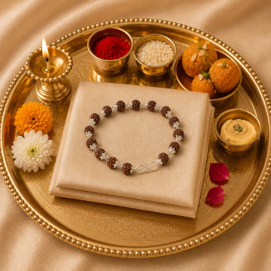 Silver Plated Panch Mukhi Rudraksha Rakhi Bracelet – 17 Beads (5 mm) | Blessed in Kashi