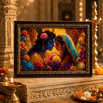 Framed artwork of Radha Krishna surrounded by flowers on a decorative table.