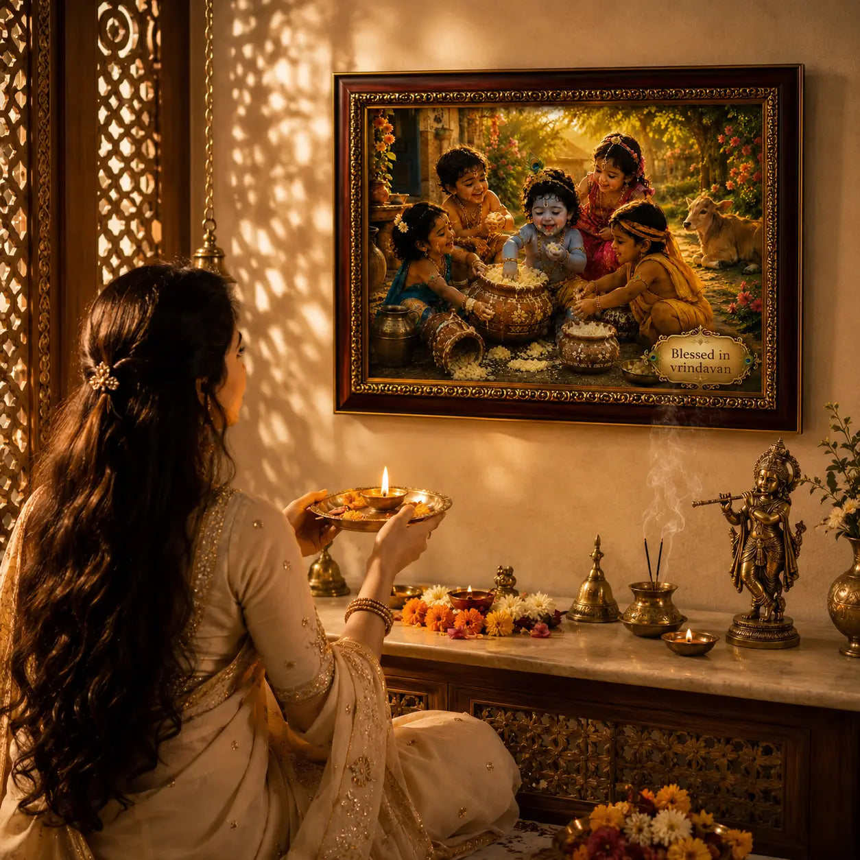 Woman performing a ritual in front of a framed picture of Bal krishna with friends, with offerings and a statue on a table.