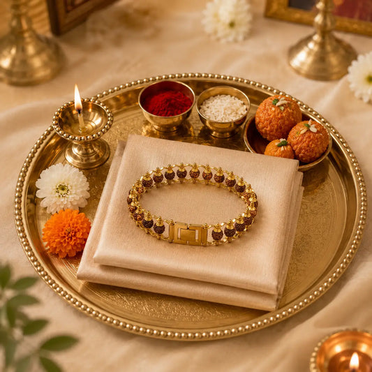 Premium Gold Plated Panch Mukhi Rudraksha Rakhi Bracelet – 24 Beads | Blessed in Kashi